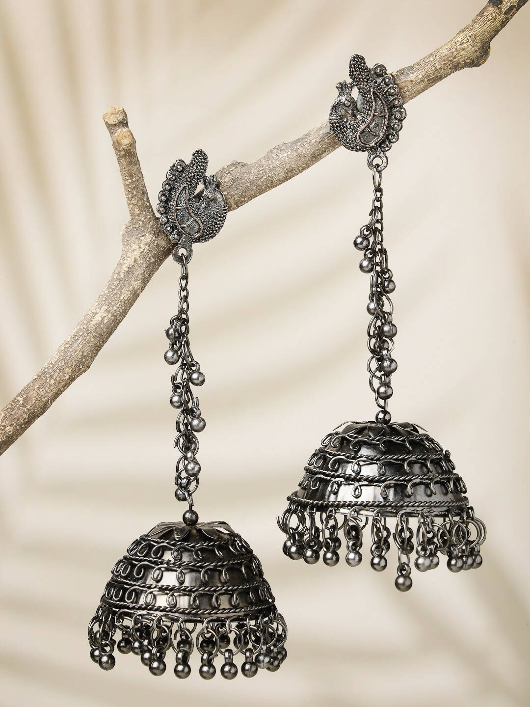 NVR Women Black Oxidised Brass-Plated Jhumka Earrings - Grab2buy