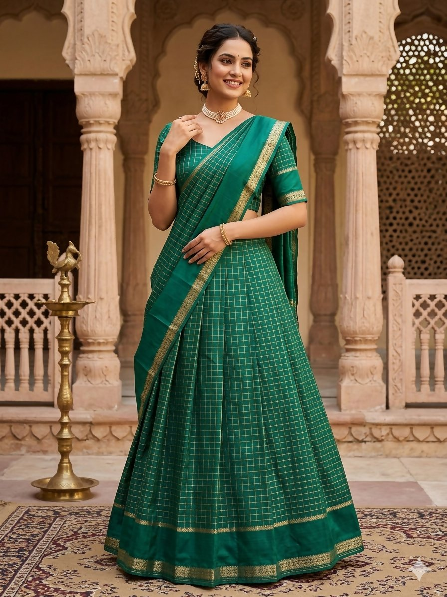 Teeya Creation New South Indian Silk Checked Half Saree Lehenga Choli with Zari Border-Teal-Green