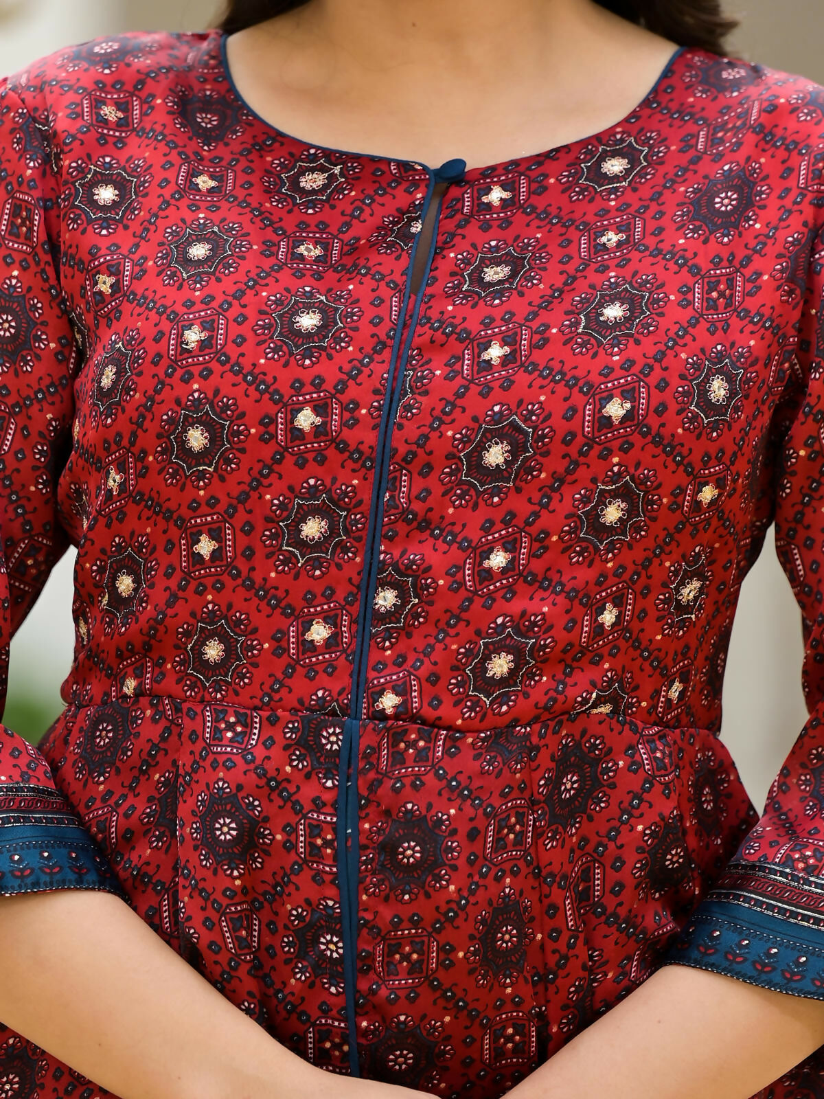 Juniper Women's Red Ethnic Motif Printed Cotton Maxi Dress With Button