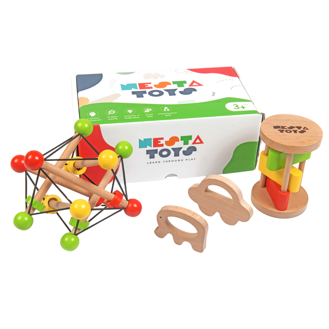 Nesta Toys Newborn Gift Set - Wooden Skwish Rattle, Clacker Rattle, Elephant & Car Teether