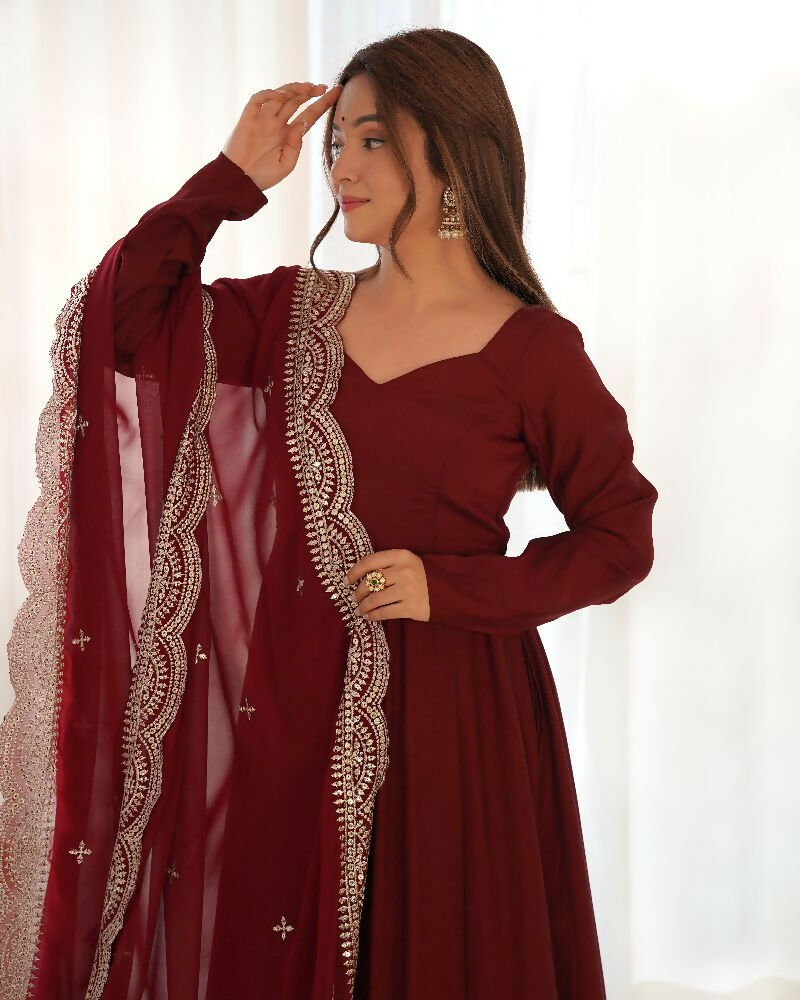 Joban Fashion Maroon Kurta Set Chanderi Sequence Embroidery Work 