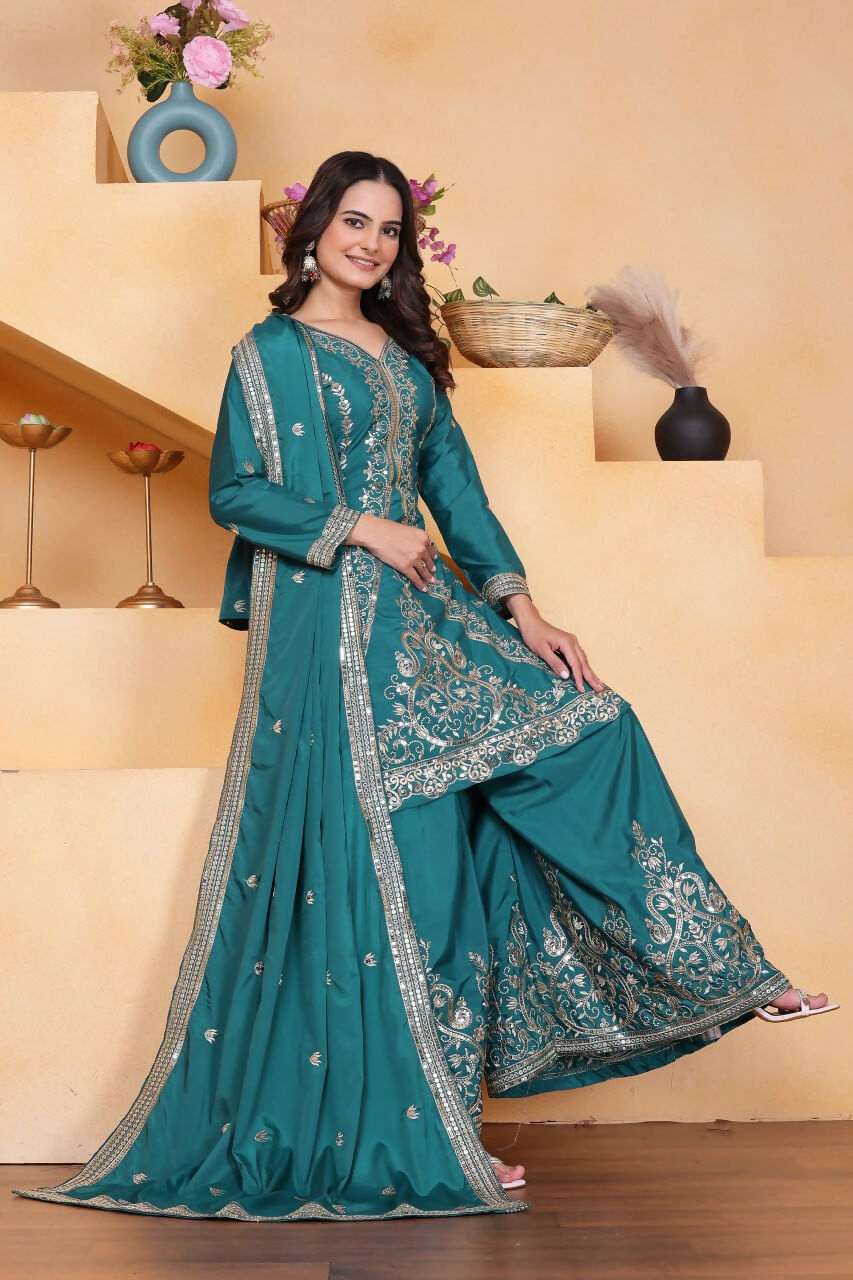 Joban Fashion Teal Crepe Embroidered Sharara Set