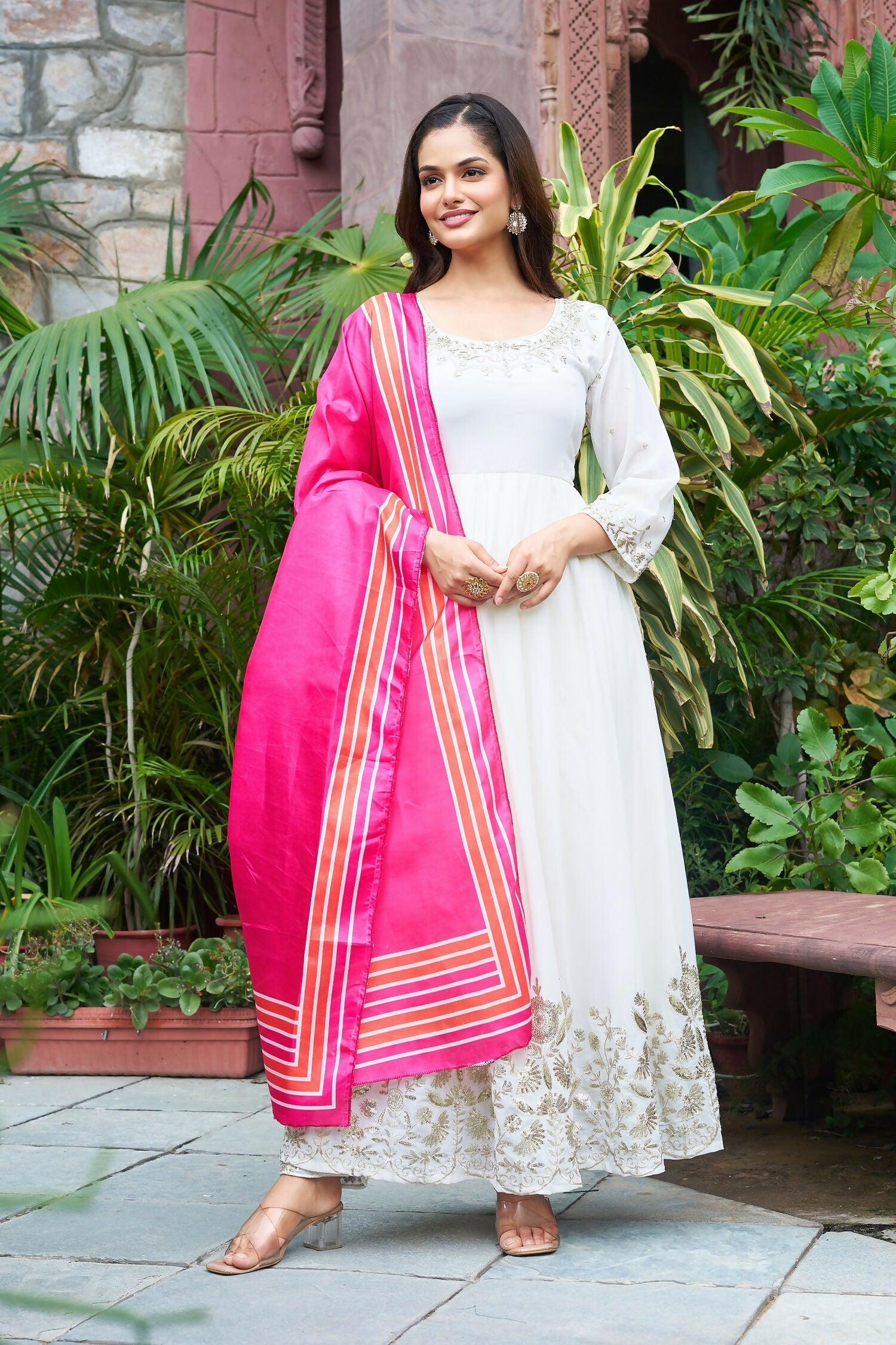 Joban Fashion White Georgette Embroidery Sequence Work Readymade Kurta Set