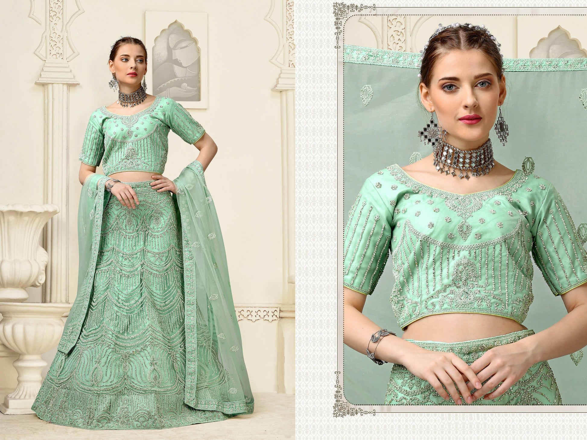 Light Green Net Fancy Zari Embroidered work Lehenga Choli with Dupatta - Heer