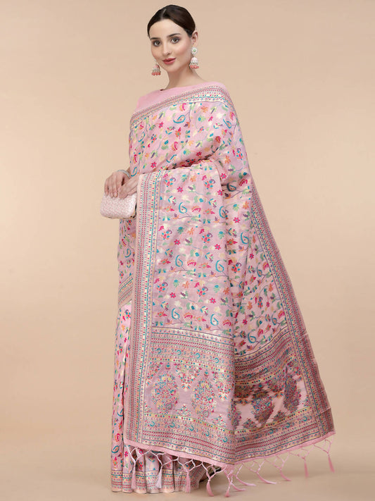 Light Pink Silk Blend Woven Design Saree With Unstitched Blouse Piece - Aloki