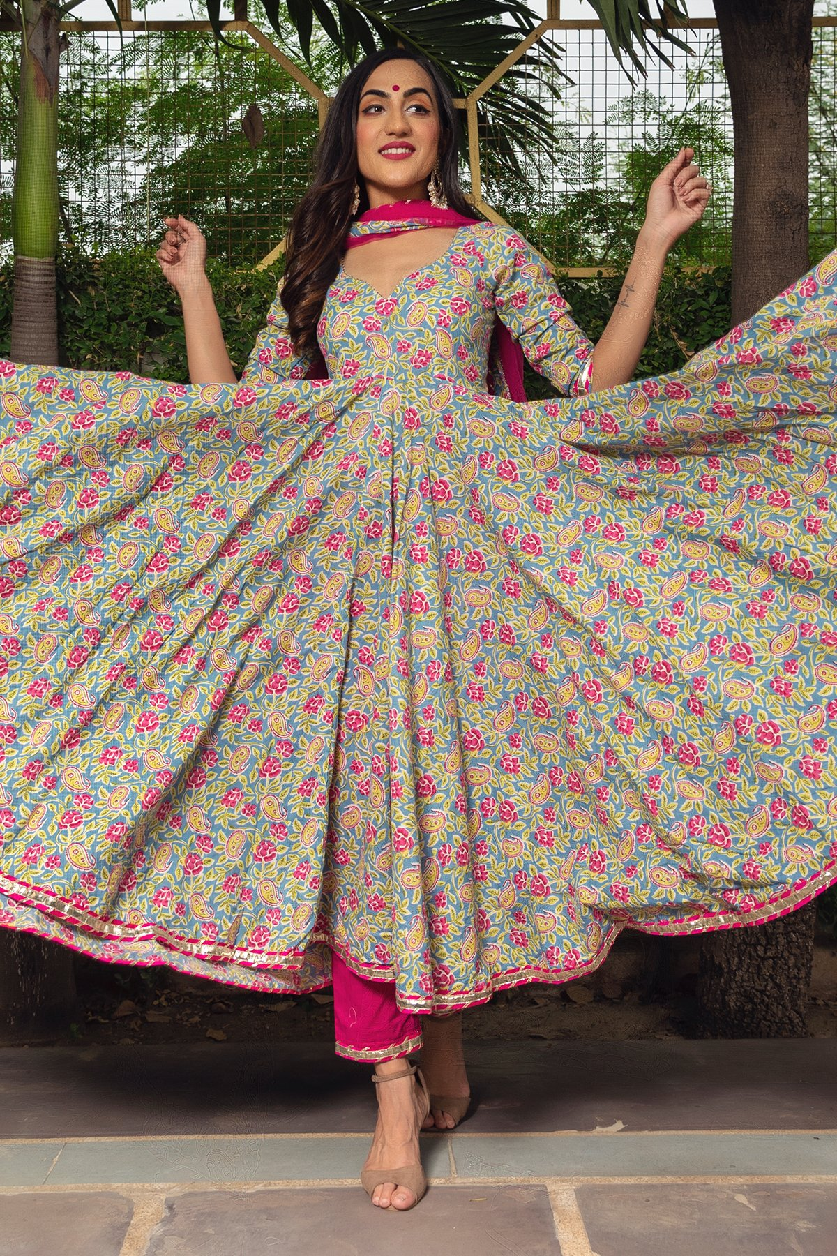 Pomcha Jaipur Jaipuri Hand Block Cotton Anarkali Set 