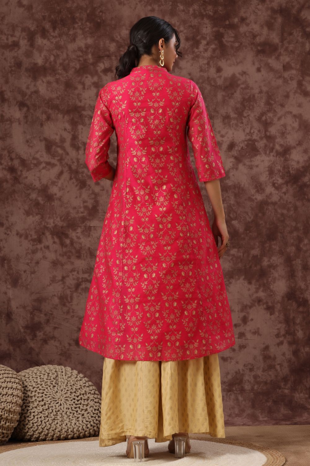 Juniper Womens Fuschia Chanderi Foil Printed Kurta