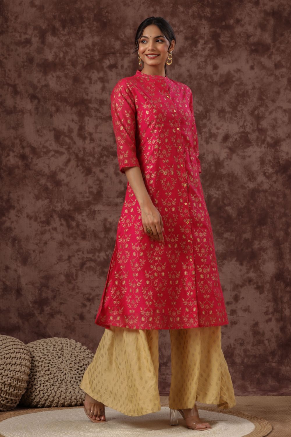 Juniper Womens Fuschia Chanderi Foil Printed Kurta