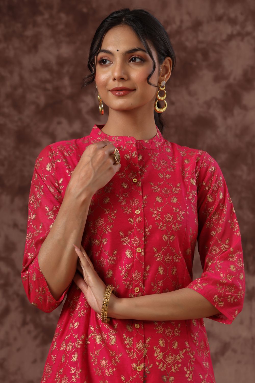 Juniper Womens Fuschia Chanderi Foil Printed Kurta