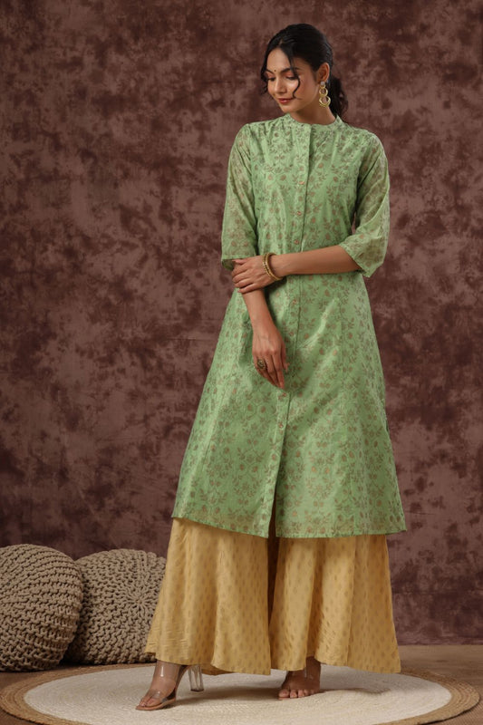 Juniper Womens Pistagreen Chanderi Foil Printed Kurta