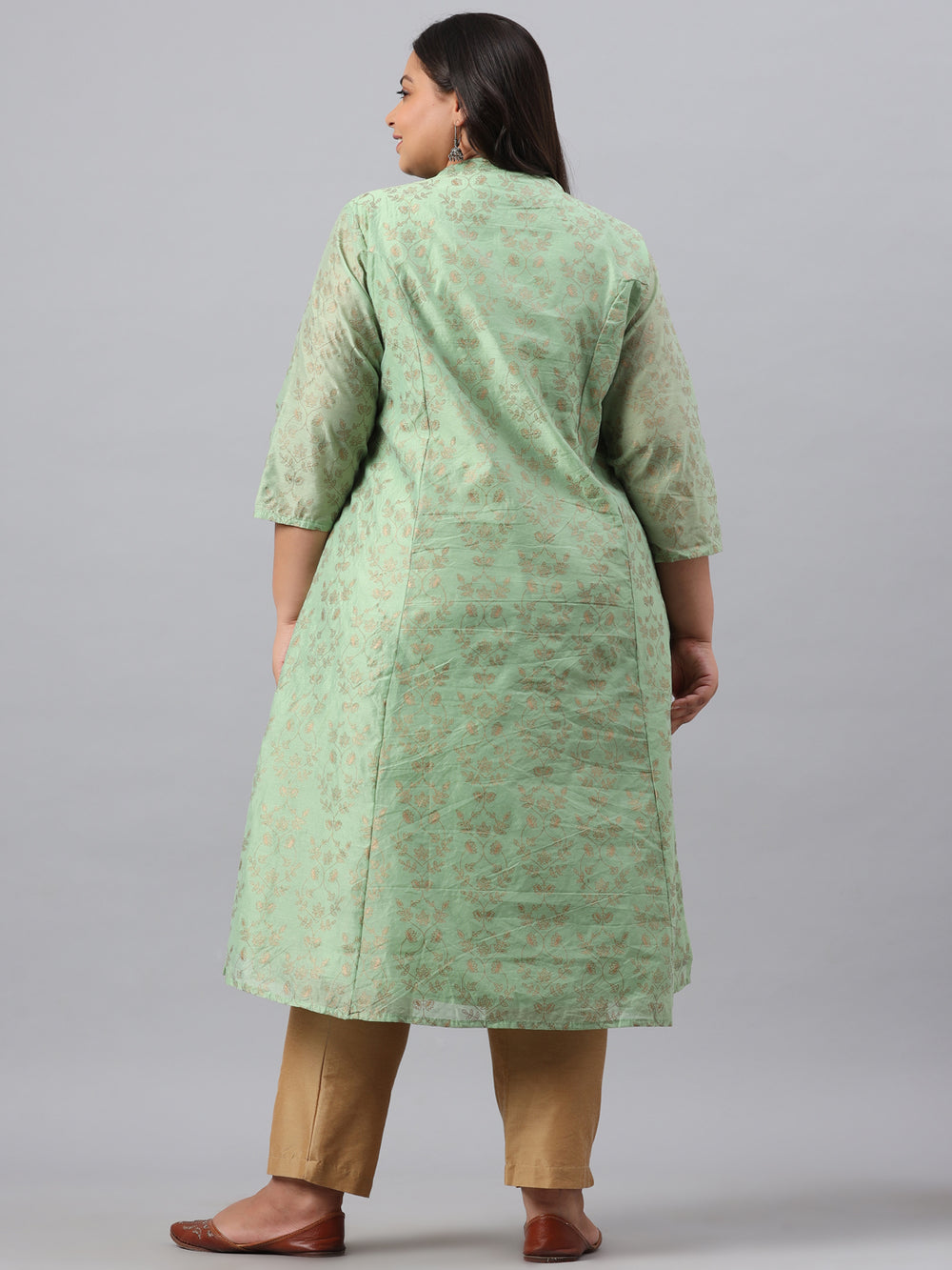 Juniper Women`s Pistagreen Chanderi Silk Printed A-Line Kurta