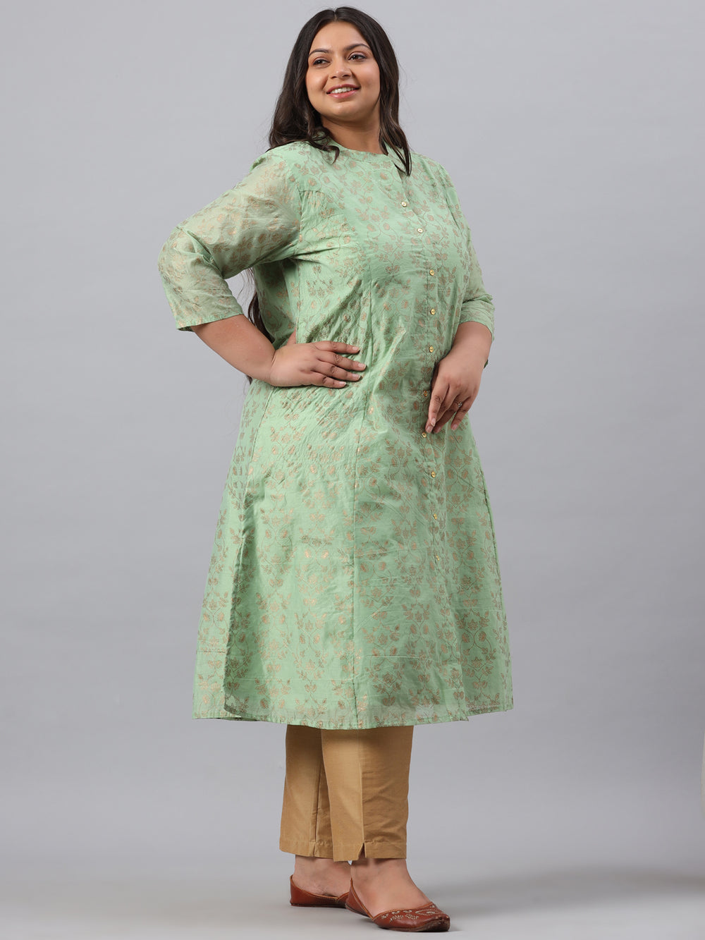 Juniper Women`s Pistagreen Chanderi Silk Printed A-Line Kurta