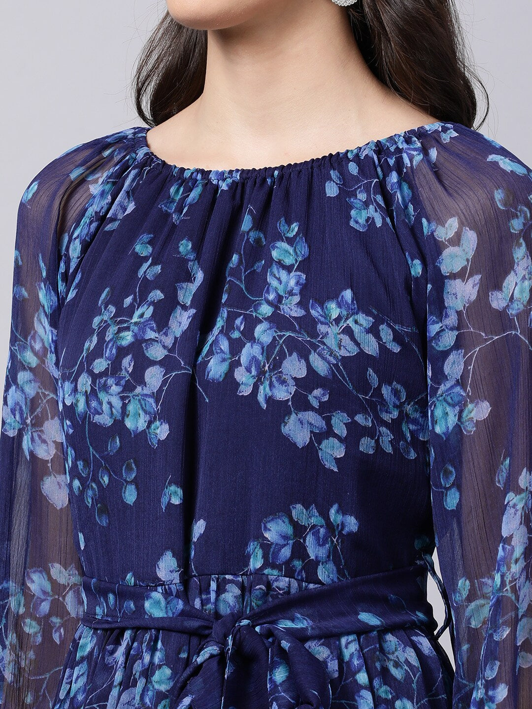 Souchii Navy Blue Floral Layered Chiffon A-Line Midi Dress 