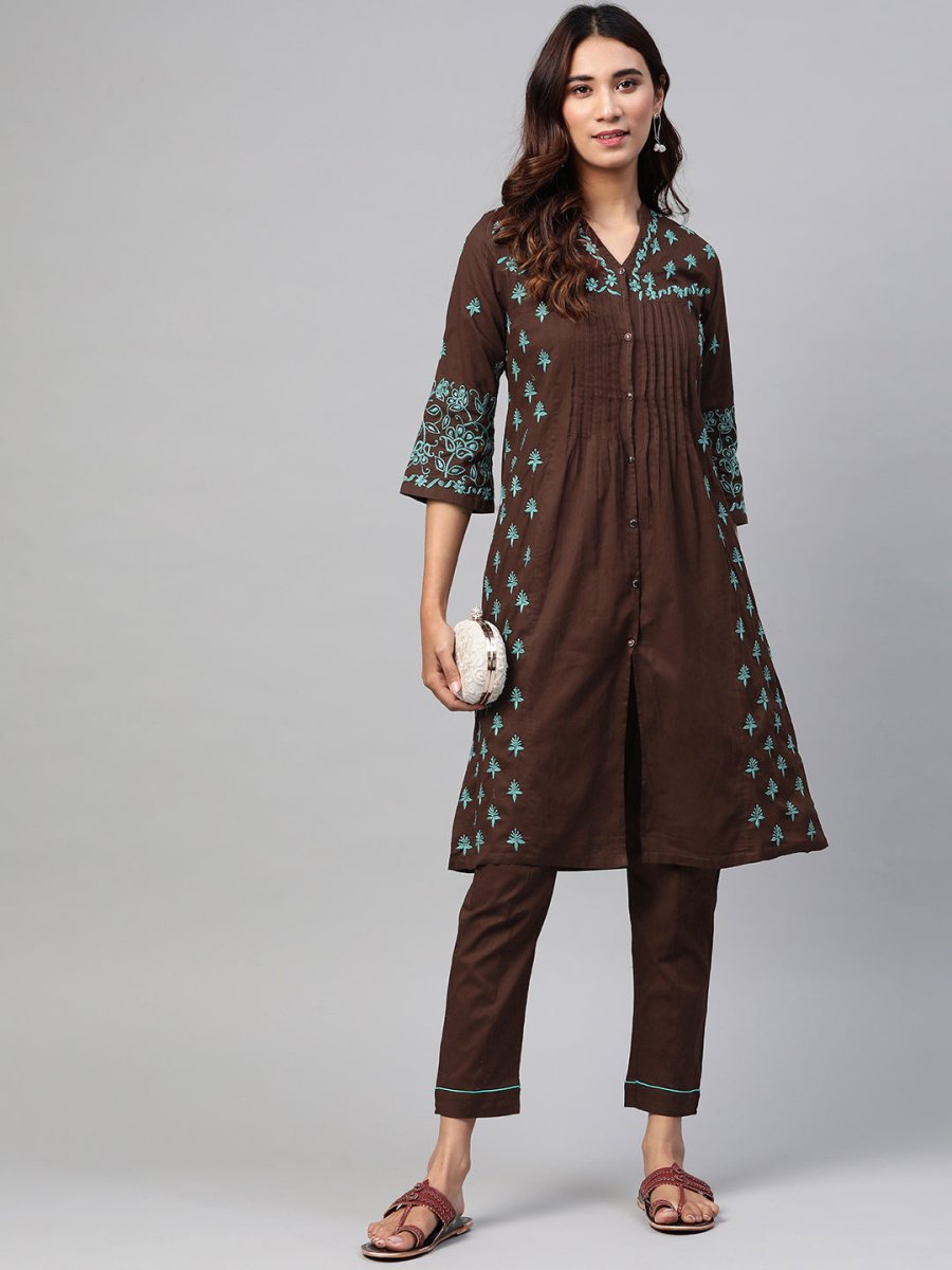 ADA Women Brown & Green Chikankari Embroidered Handloom Kurta with Trousers 