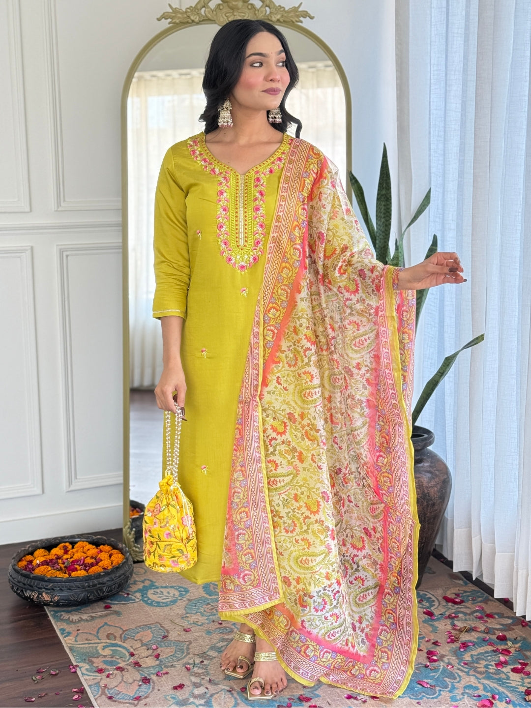 The52 Women's Gorgeous Rayon Embroidery work Straight Kurta with Pant and Dupatta Set 