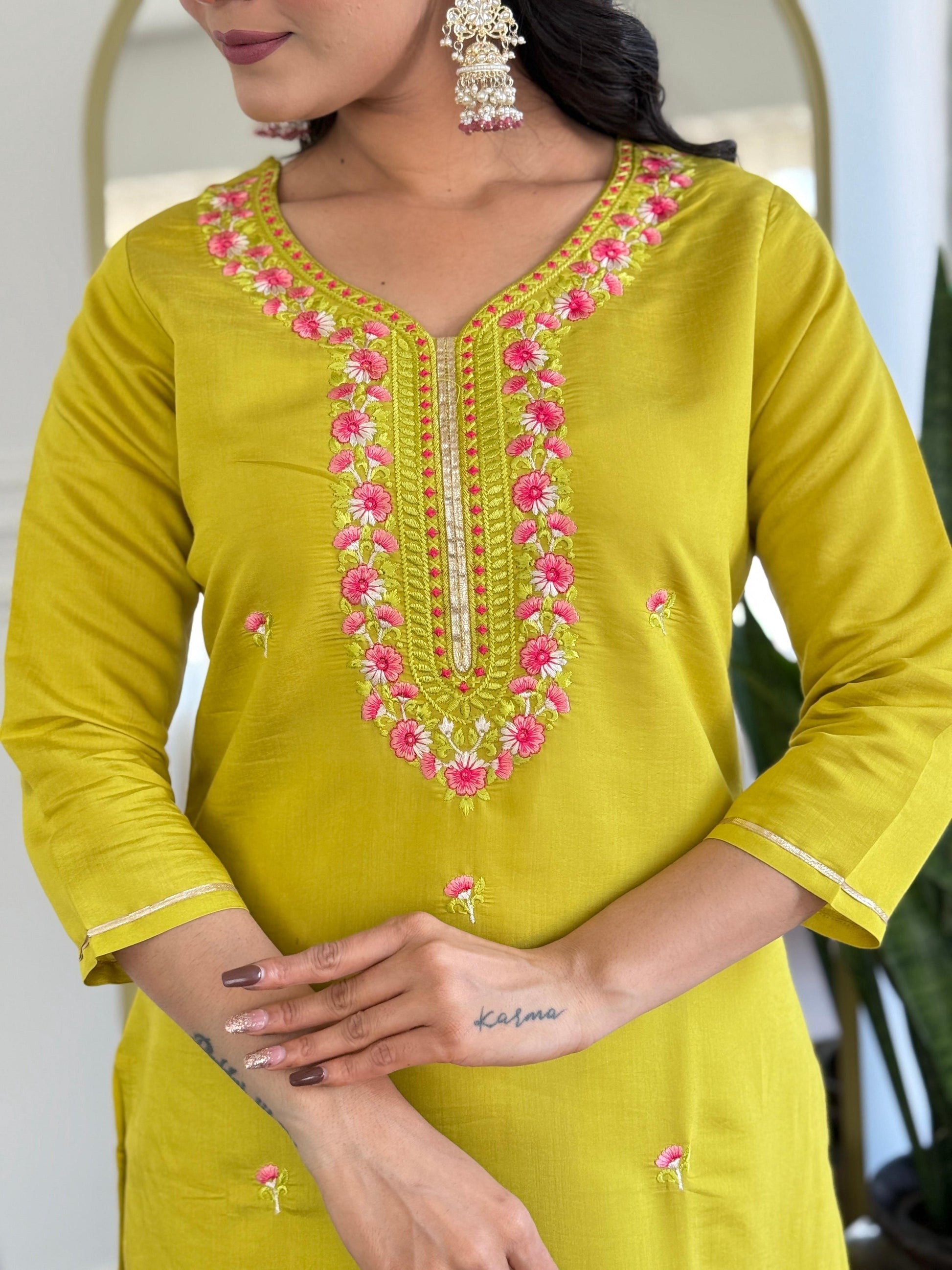 The52 Women's Gorgeous Rayon Embroidery work Straight Kurta with Pant and Dupatta Set 