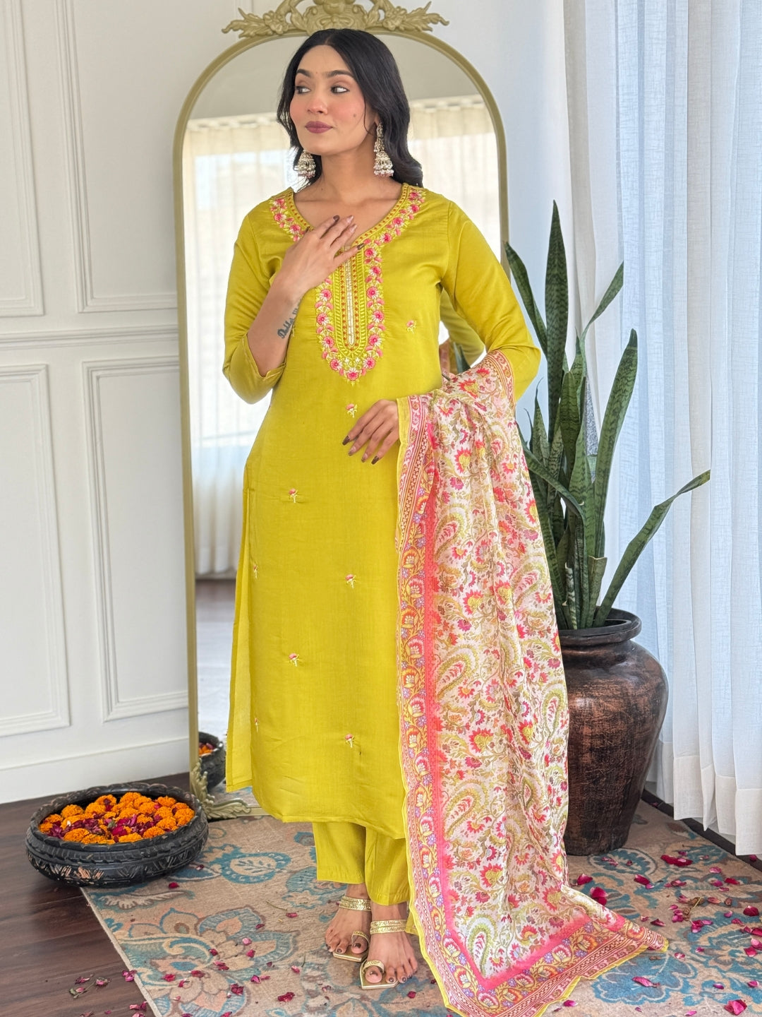 The52 Women's Gorgeous Rayon Embroidery work Straight Kurta with Pant and Dupatta Set 