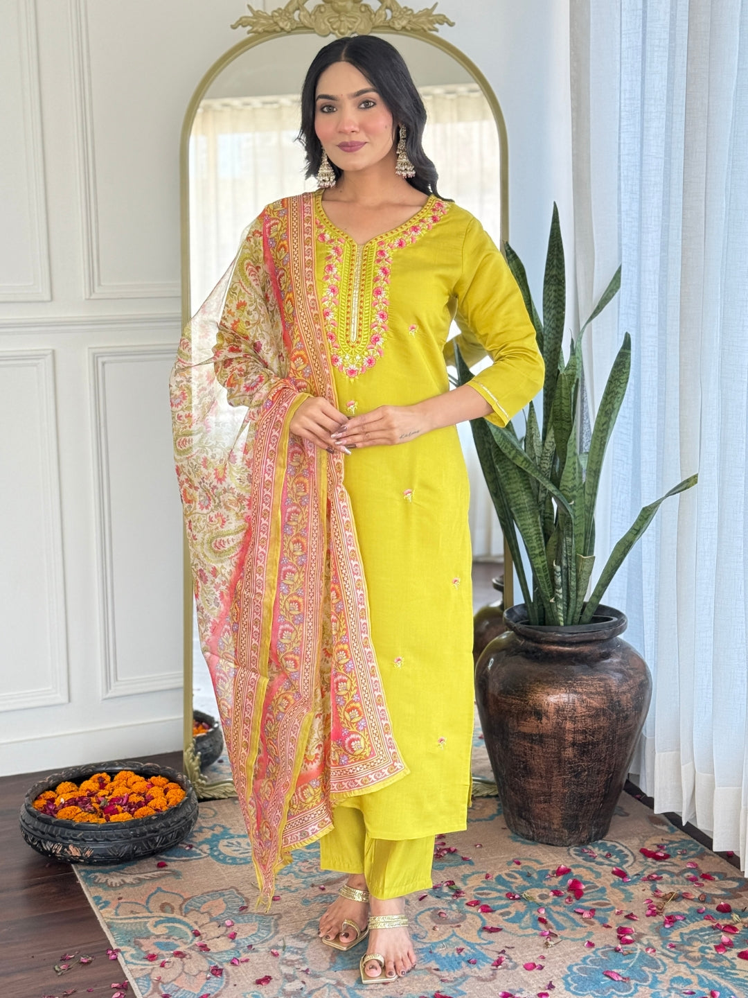 The52 Women's Gorgeous Rayon Embroidery work Straight Kurta with Pant and Dupatta Set 
