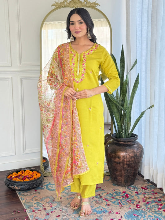 The52 Women's Gorgeous Rayon Embroidery work Straight Kurta with Pant and Dupatta Set 