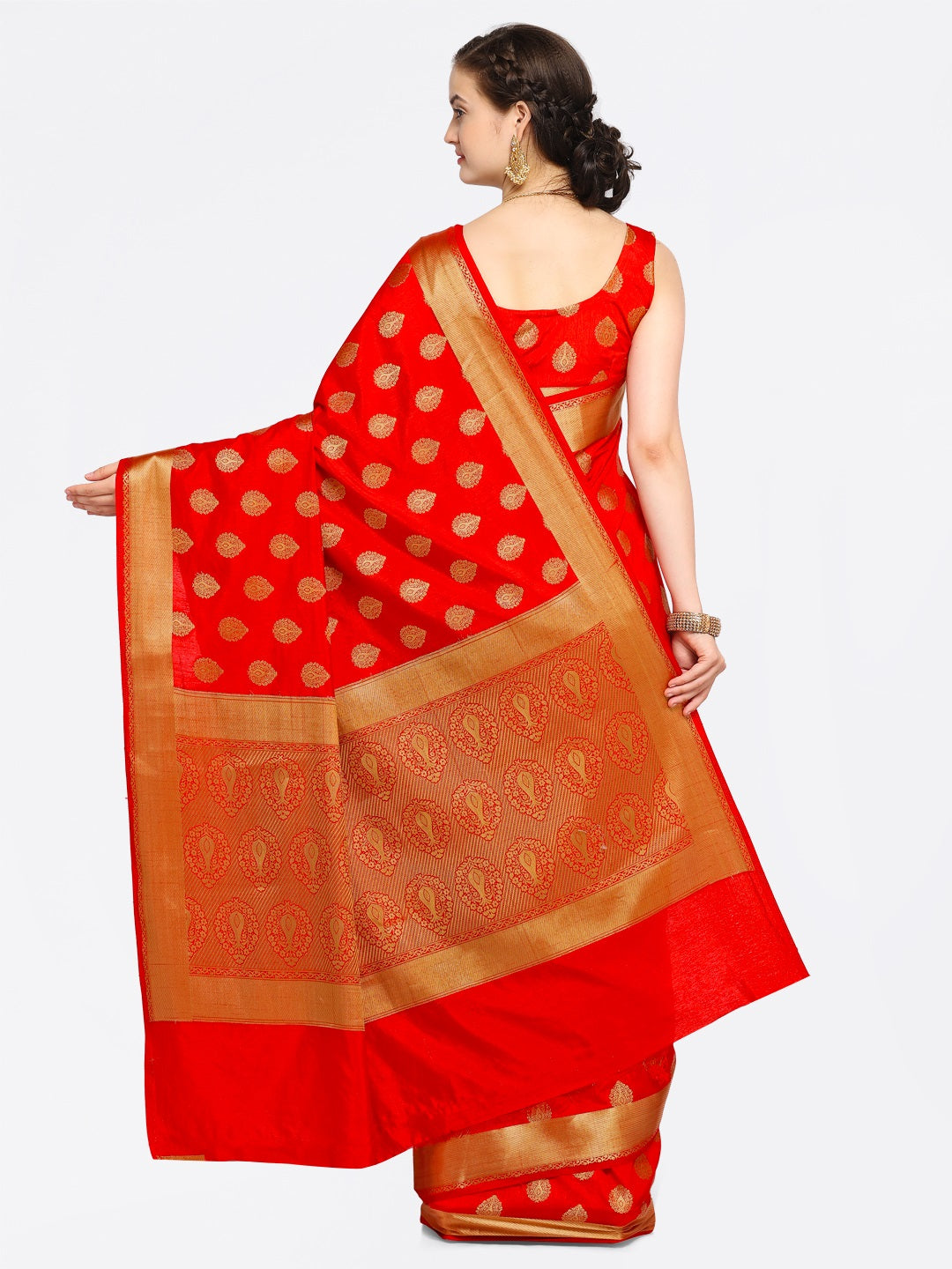 Saree Mall Red Silk Blend Woven Design Kanjeevaram Saree