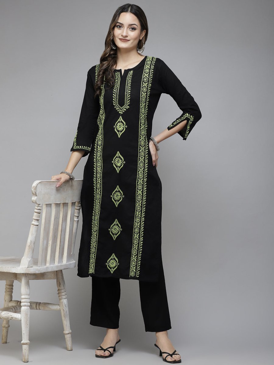 ADA Women Black & Green Ethnic Motifs Embroidered Chikankari Handloom Handloom Kurta 