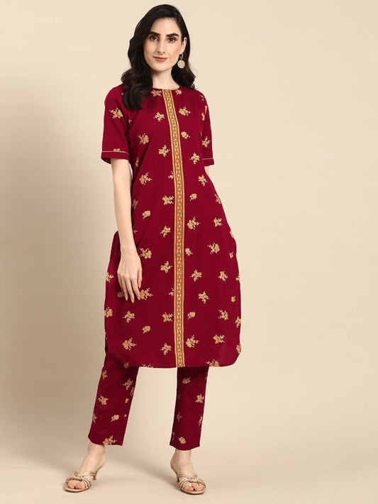 All About You Women Maroon & Mustard Yellow Floral Printed Pure Cotton Kurta with Trousers