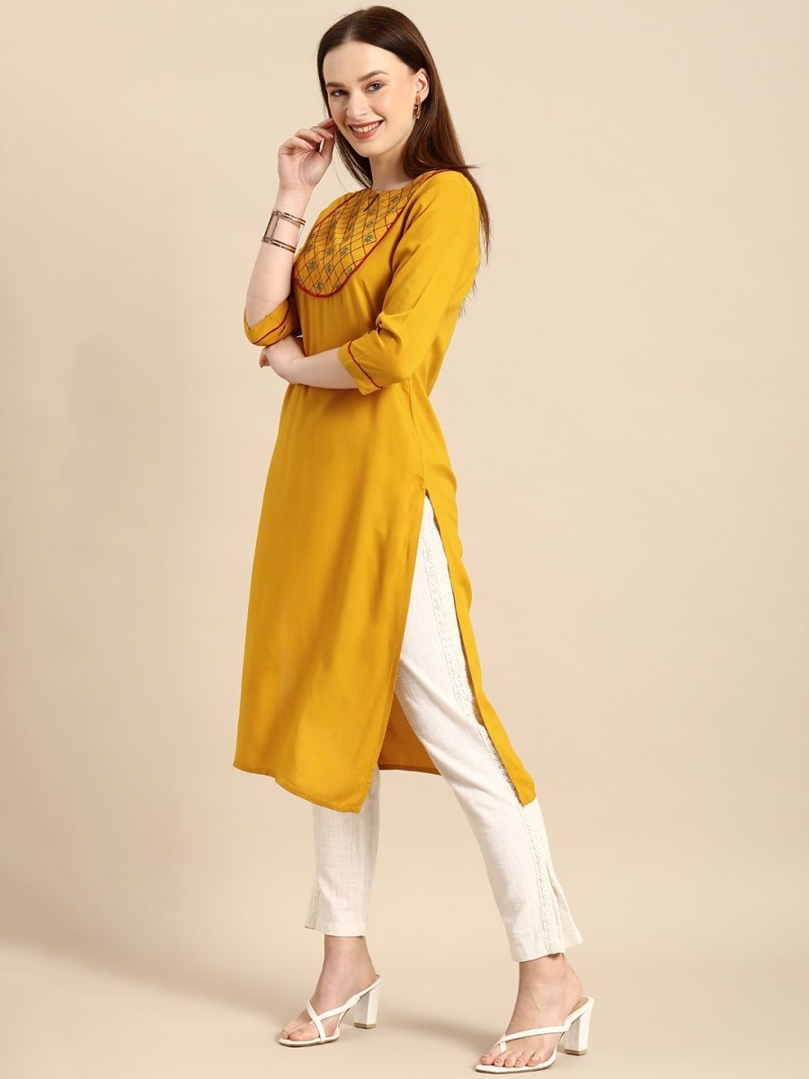 All About You Women Mustard Yellow Ethnic Motifs Yoke Design Keyhole Neck Straight Kurta