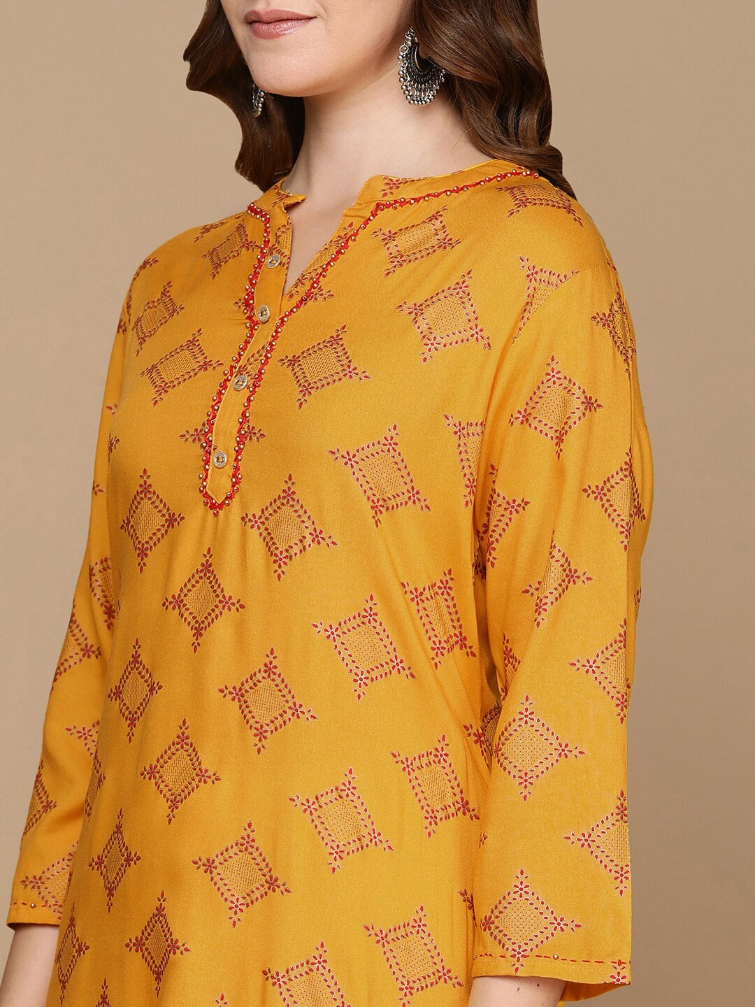 HERE&NOW Mustard Yellow & Red Ethnic Motifs Printed Kurta