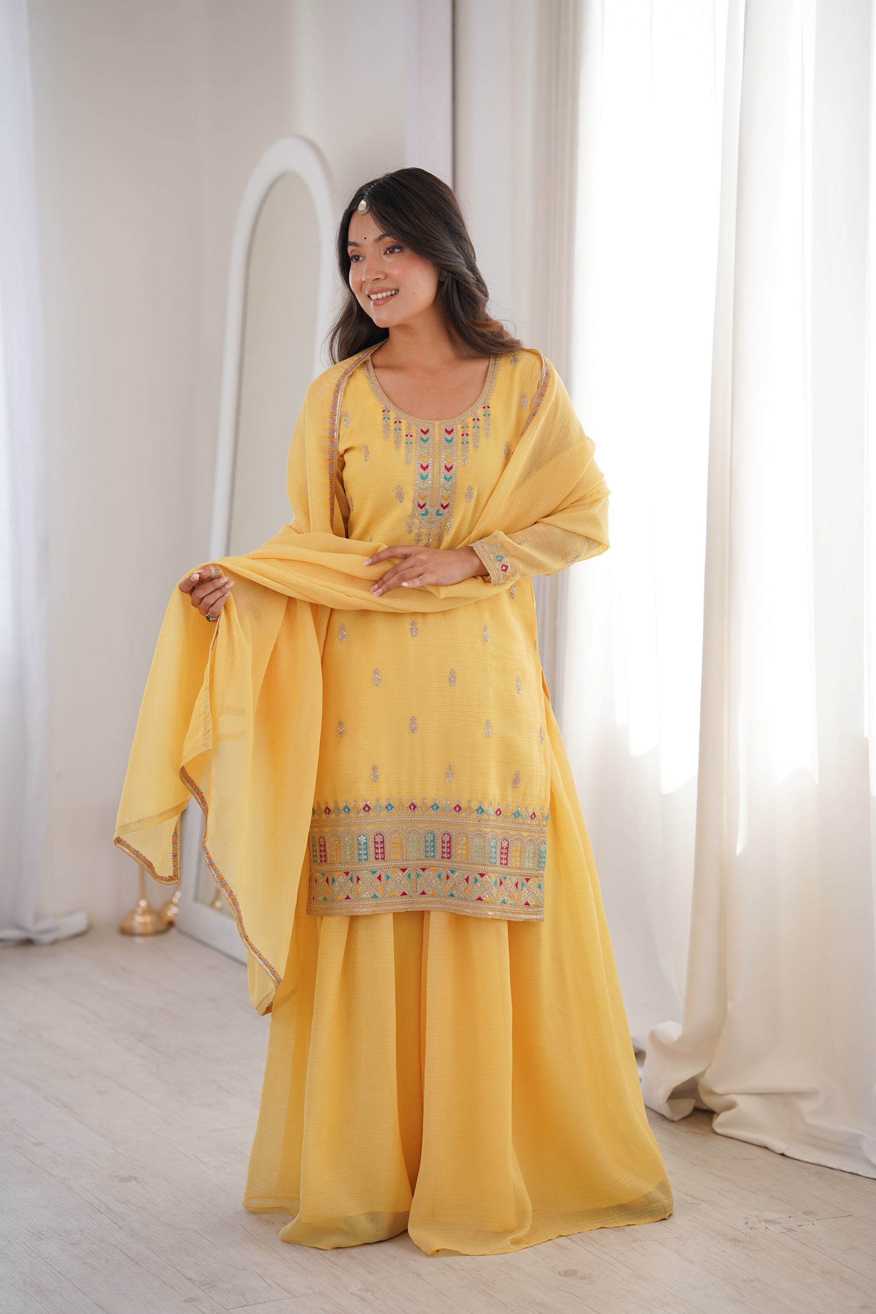 Lorenvalley Fashion Yellow Crunchy Silk with Embroidery Sequence, Dori, Jari Work Kurta Palazzo with Dupatta