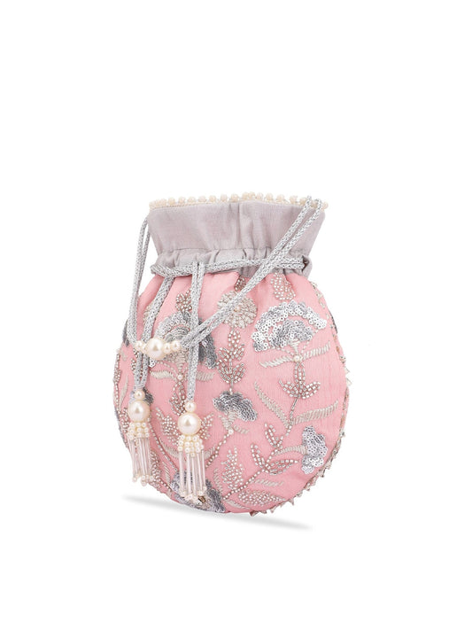 Masq Peach-Coloured & Grey Embroidered Potli Clutch - Grab2buy