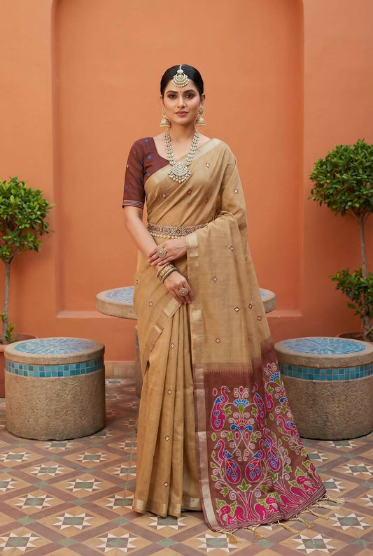 Vastranavya Cream Muga Cotton Meenakari & Azarakh Pallu Grab2Buy with Contrast Blouse  Grab2Buy Vastranavya Grab2Buy