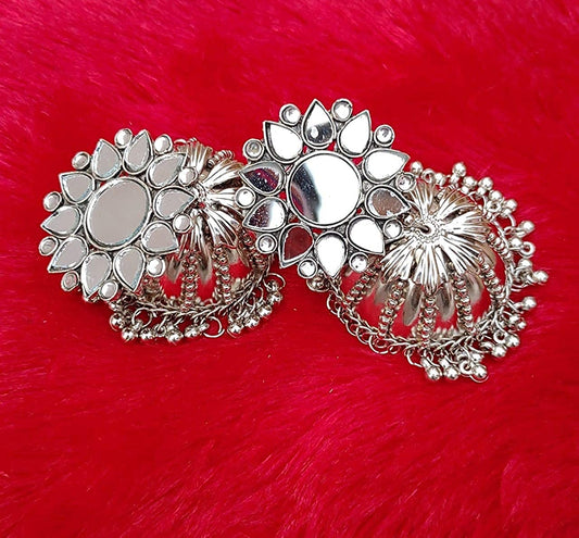 Rhodium-Plated Alloy Round Mirror Studded Jhumki Earrings - The Pari - Grab2buy
