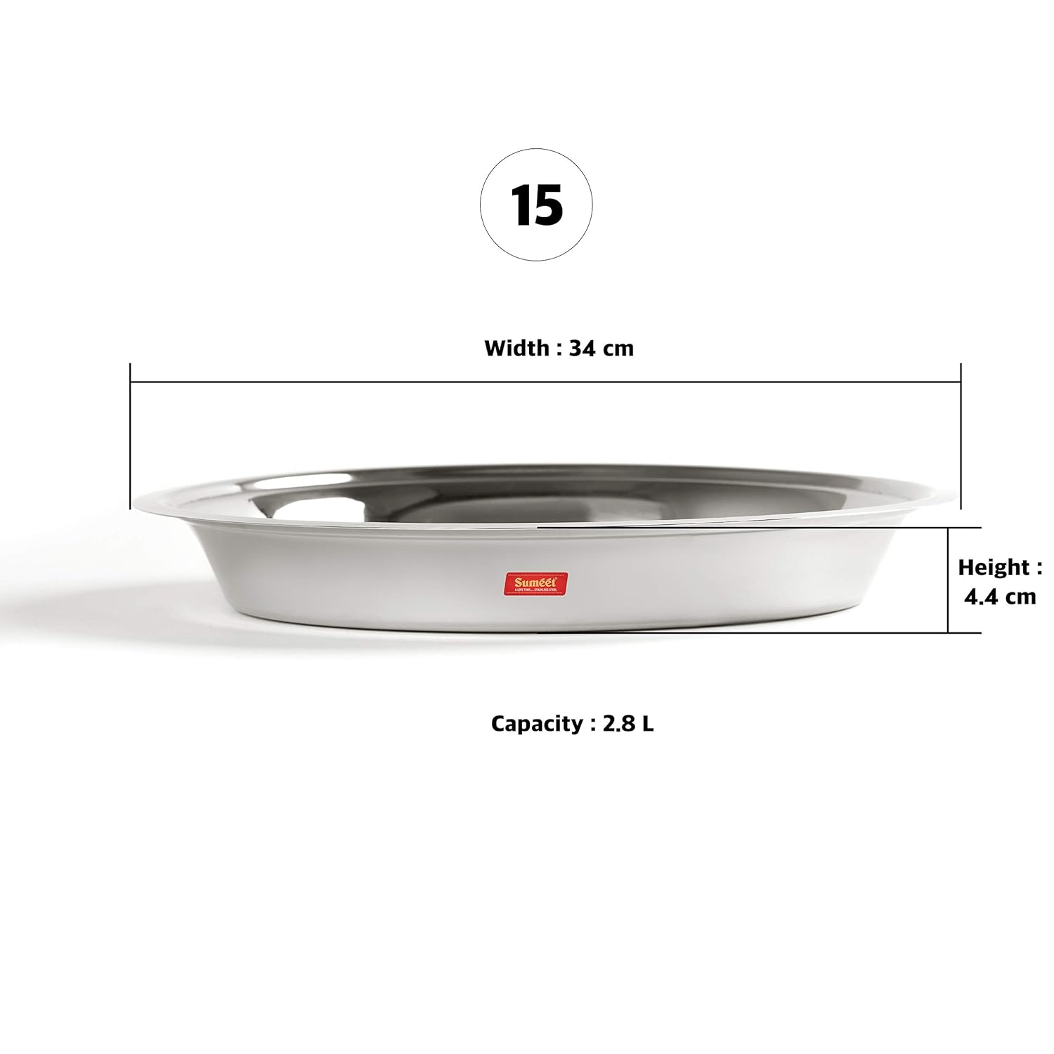 Sumeet Heavy Stainless Steel Parat (2.8 liter | 34Cm), Silver