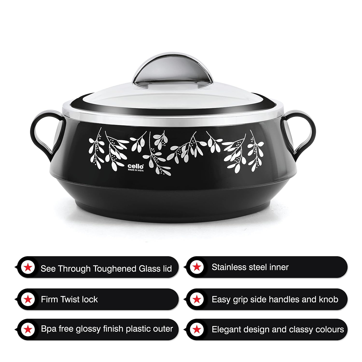 CELLO Glitter Casserole with Inner Steel 3 Unit, Black
