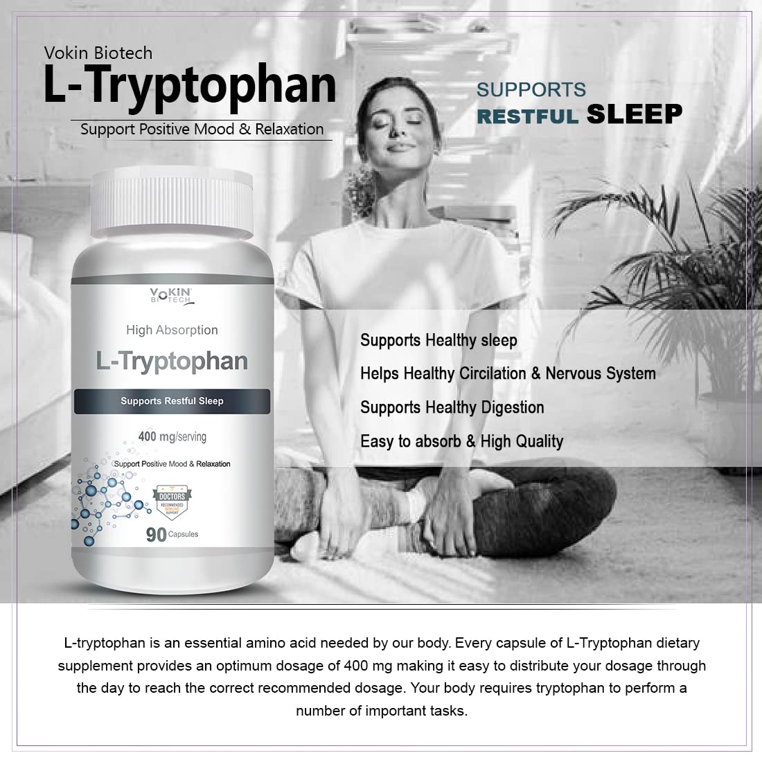 Vokin biotech L-Tryptophan – Support Positive Mood & Relaxation- 400mg  Grab2Buy Vokin Biotech Grab2Buy