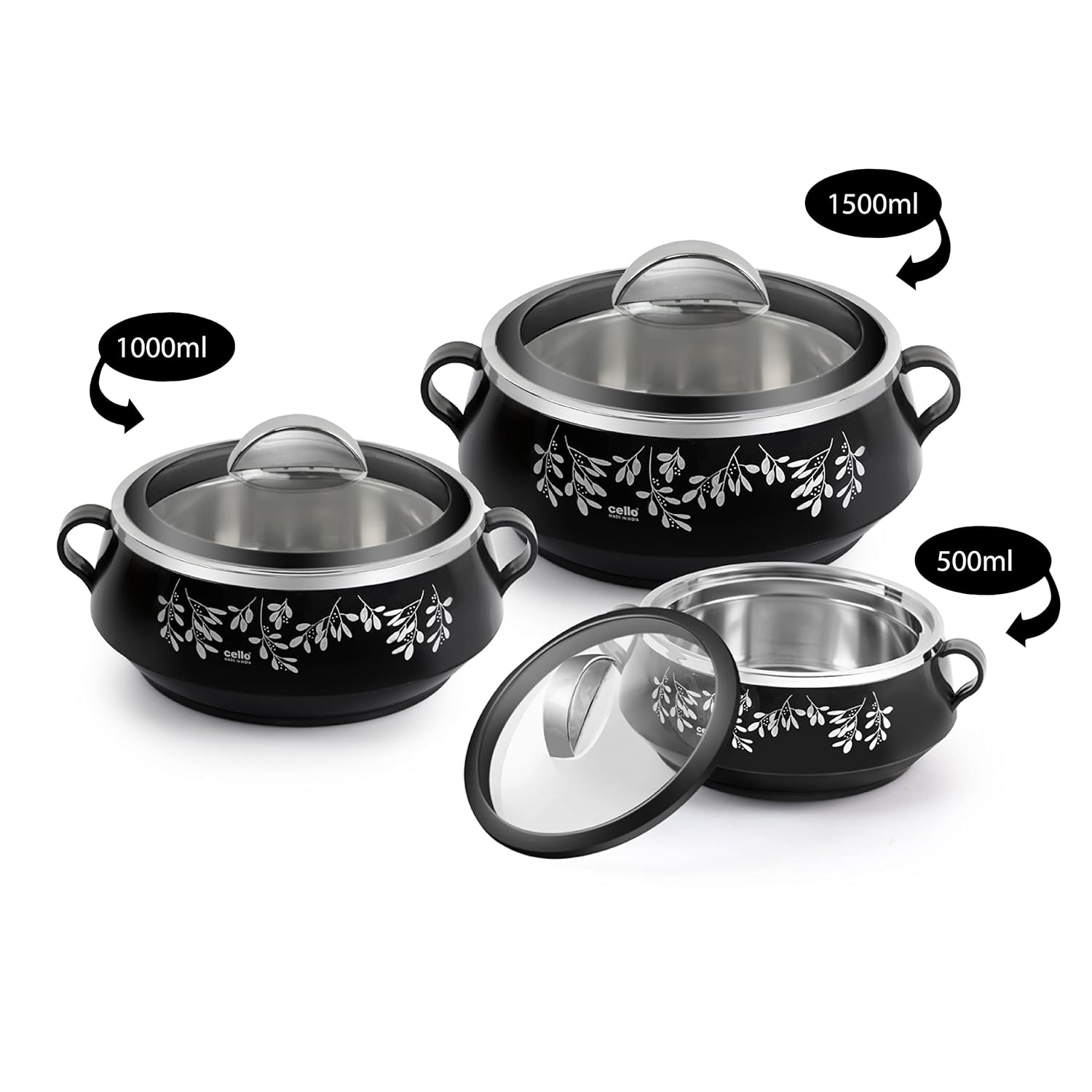 CELLO Glitter Casserole with Inner Steel 3 Unit, Black