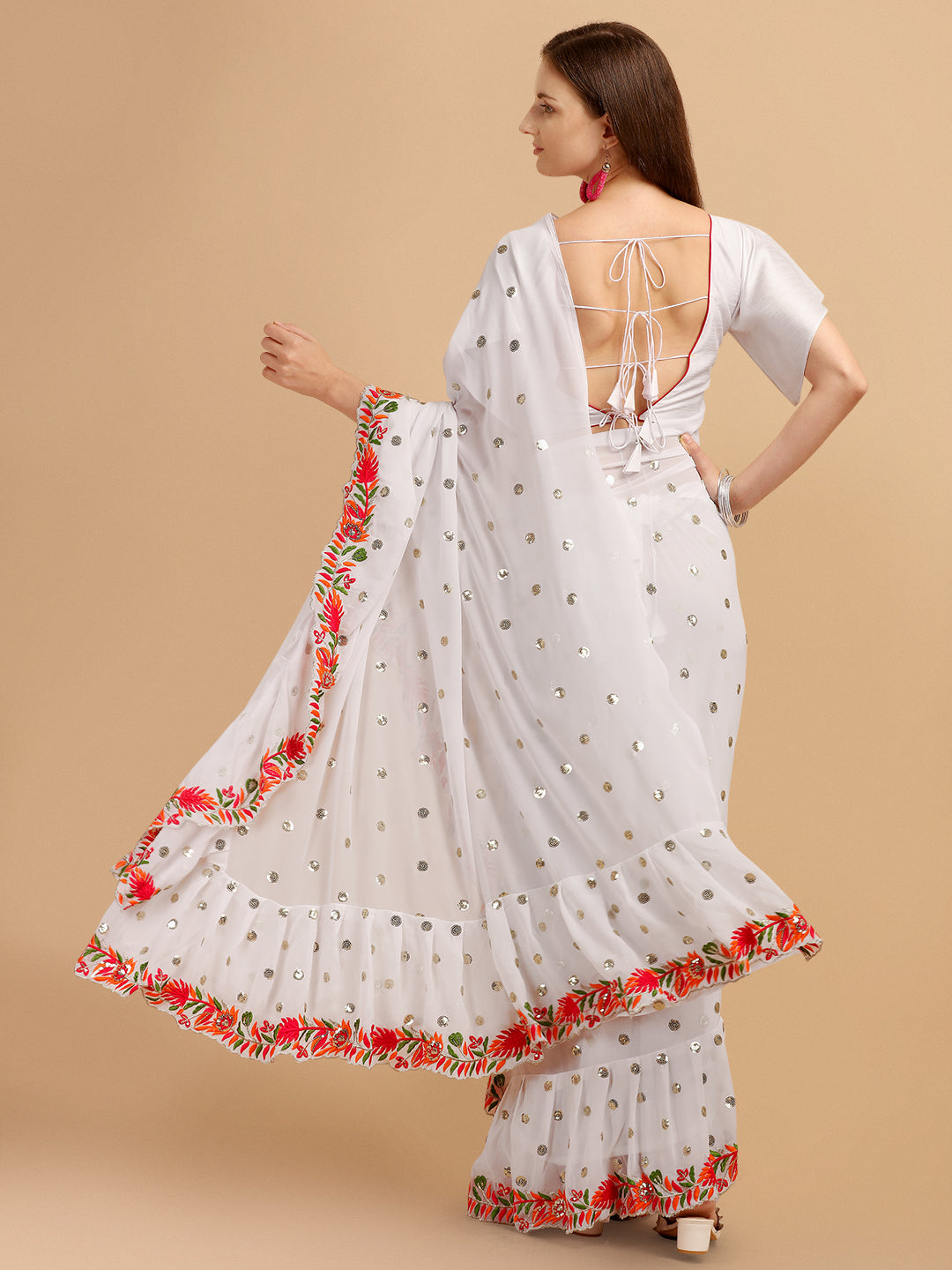 Lorenvalley Fashion White Faux Georgette Ruffle Grab2Buy with Fancy Sequence work & Blouse 