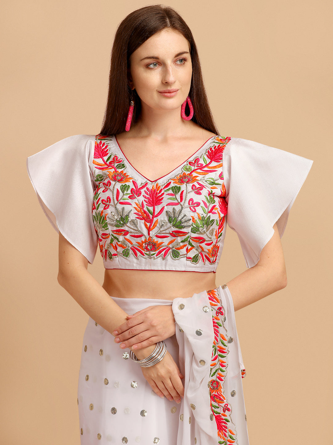 Lorenvalley Fashion White Faux Georgette Ruffle Grab2Buy with Fancy Sequence work & Blouse 