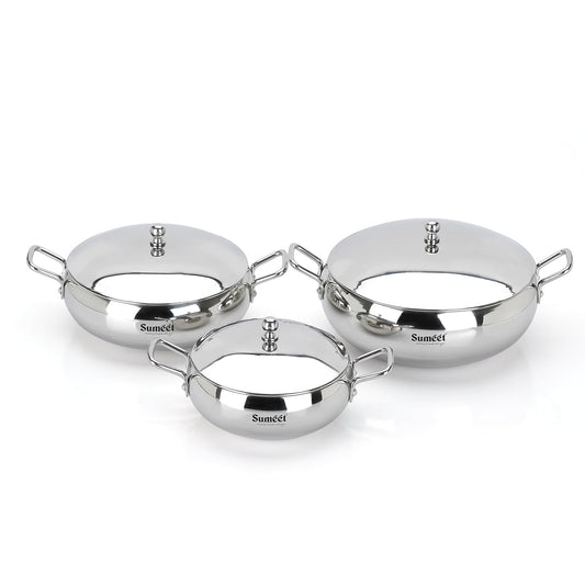 Sumeet Stainless Steel Apple Shape Cook and Serve Handi Set with Lid and Handle|3 Pieces - 650ml, 1150ml & 1700ml