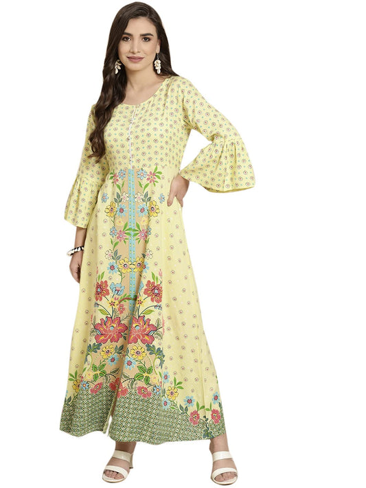 Juniper Women's Lime Floral Printed Rayon Kurta With Buttons Closure At Back