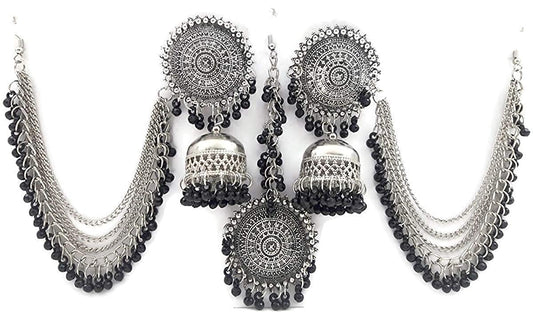 Silver-Plated Alloy Silver Black Earrings With Hair Extension - The Pari - Grab2buy