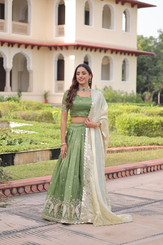 Lorenvalley Fashion Parrot Green Gold Crush with Sequins & Zari Embroidered Work Lehenga Choli with Dupatta 