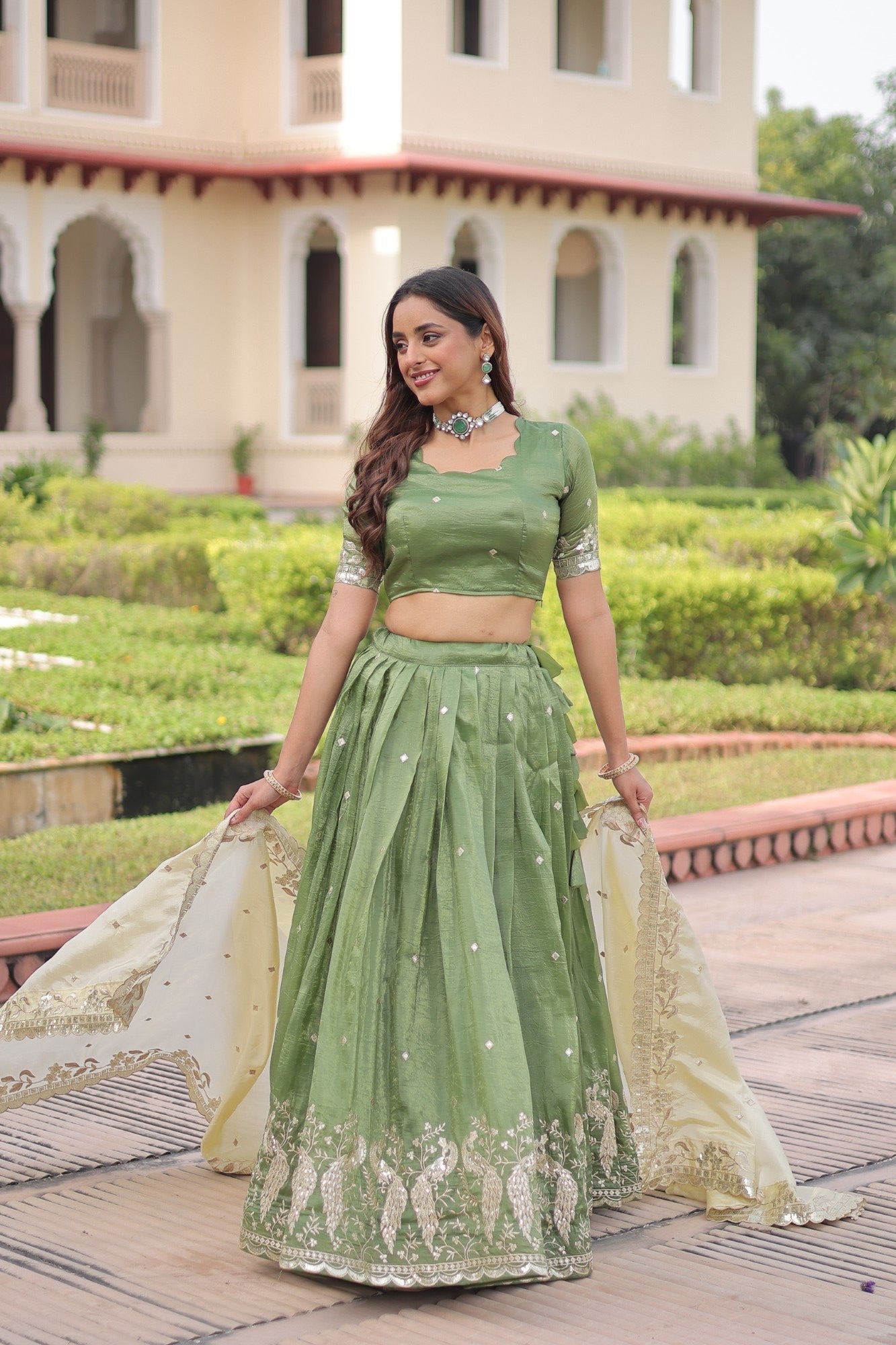 Lorenvalley Fashion Parrot Green Gold Crush with Sequins & Zari Embroidered Work Lehenga Choli with Dupatta 