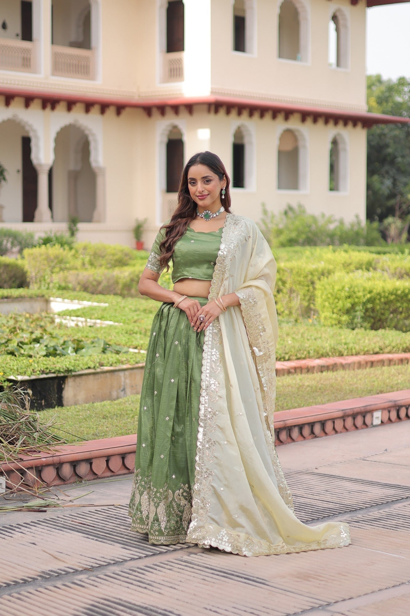 Lorenvalley Fashion Parrot Green Gold Crush with Sequins & Zari Embroidered Work Lehenga Choli with Dupatta 
