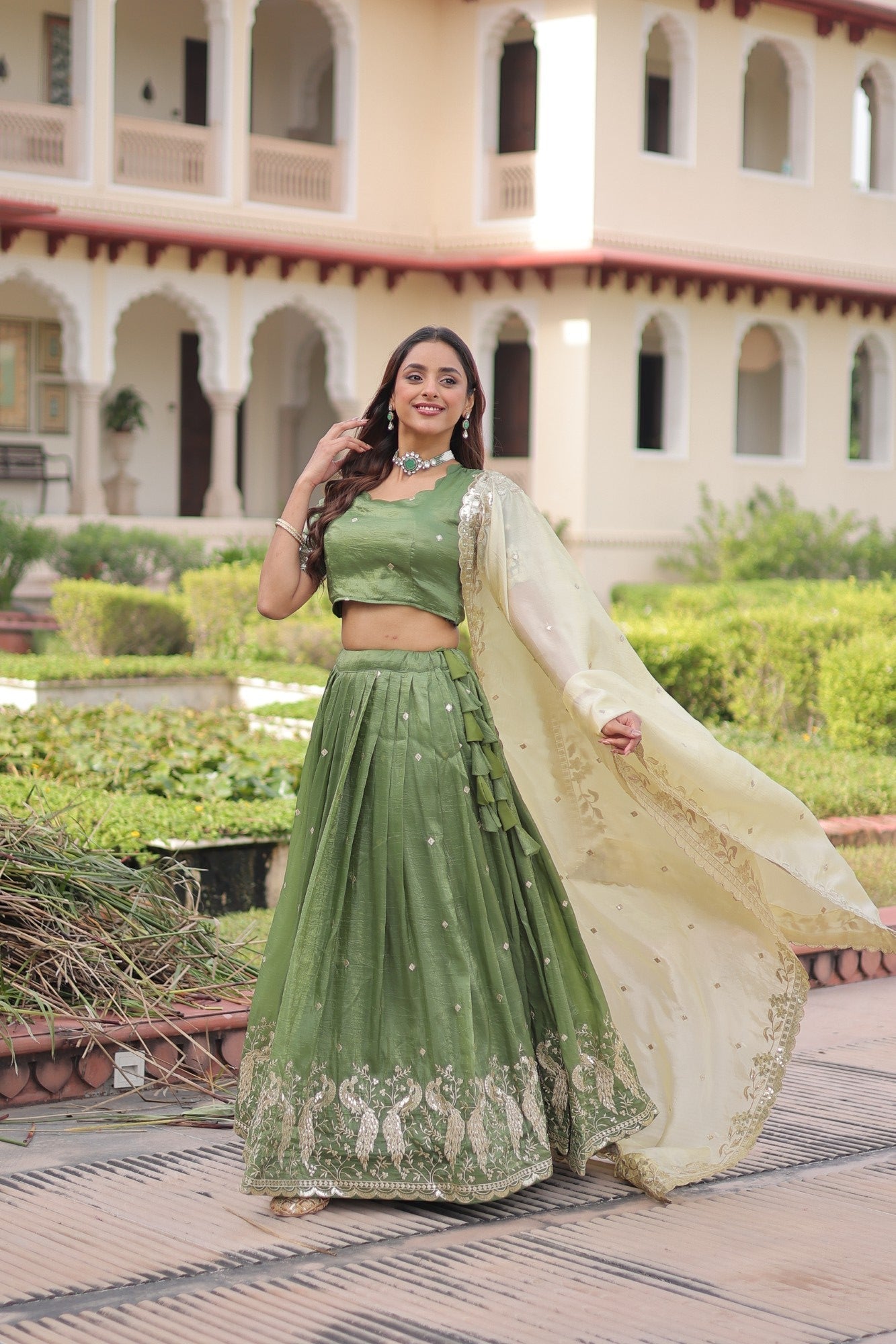 Lorenvalley Fashion Parrot Green Gold Crush with Sequins & Zari Embroidered Work Lehenga Choli with Dupatta 