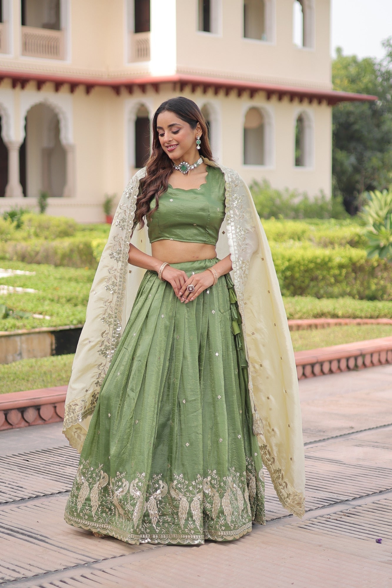 Lorenvalley Fashion Parrot Green Gold Crush with Sequins & Zari Embroidered Work Lehenga Choli with Dupatta 