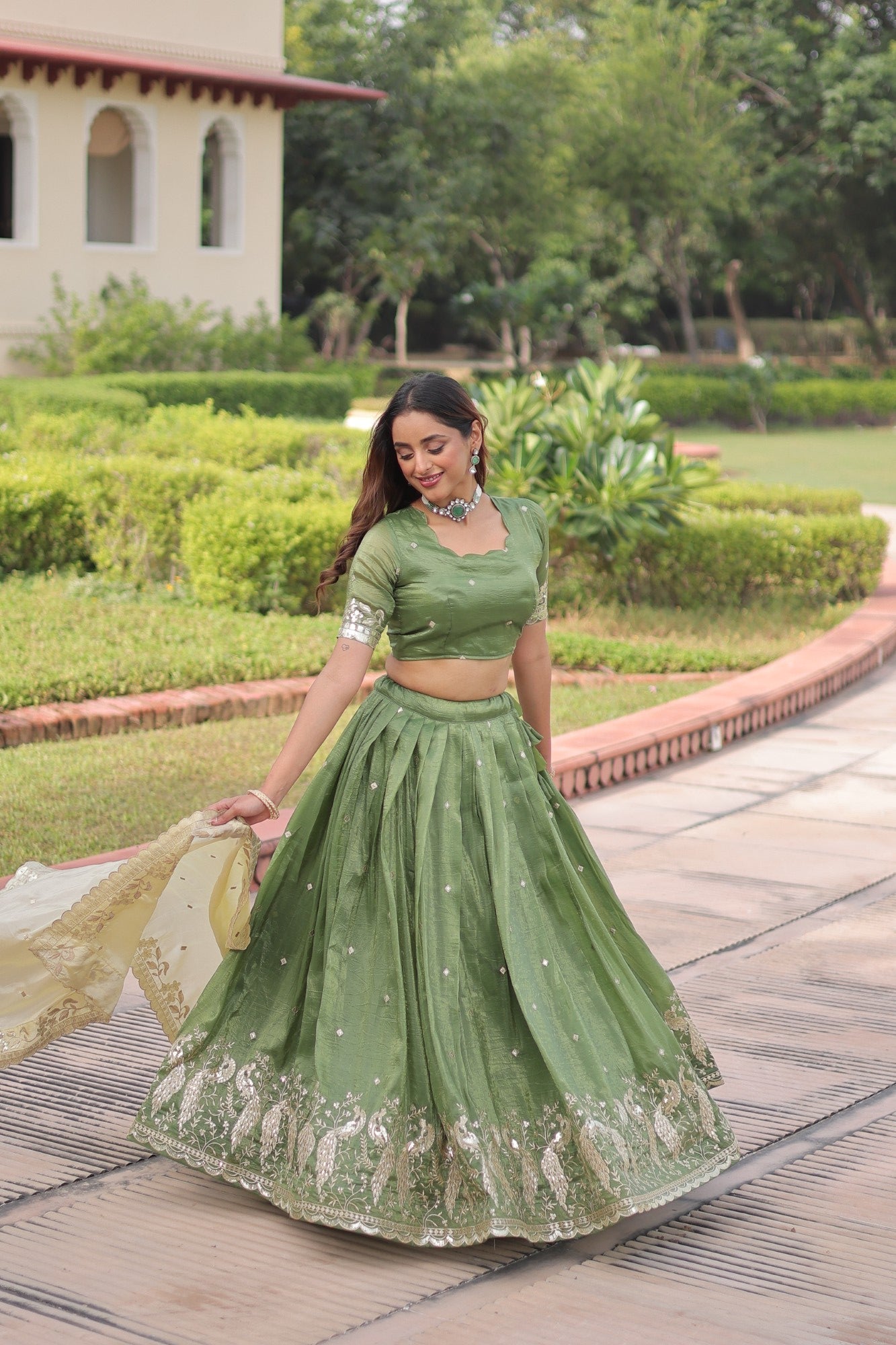 Lorenvalley Fashion Parrot Green Gold Crush with Sequins & Zari Embroidered Work Lehenga Choli with Dupatta 