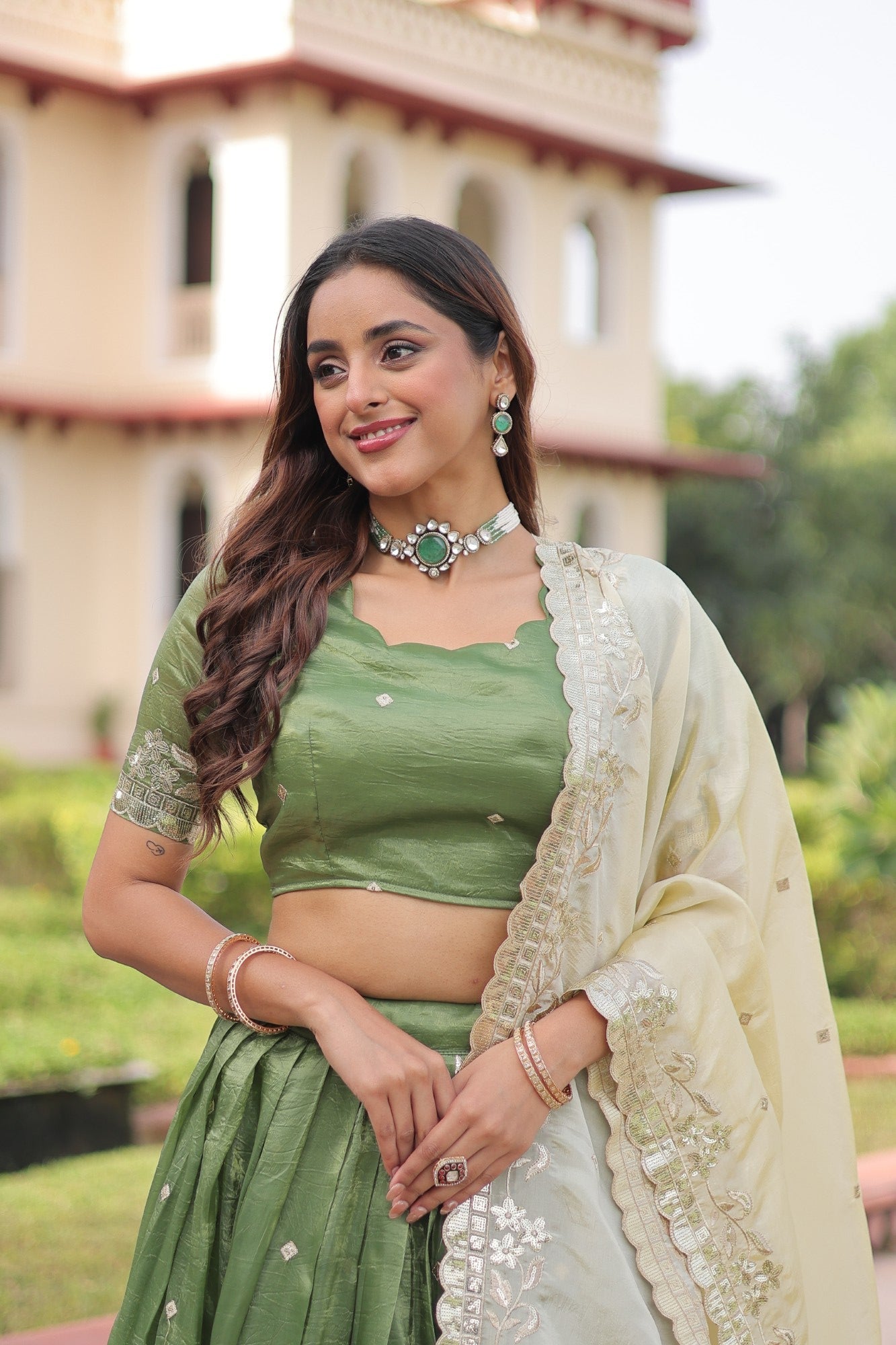 Lorenvalley Fashion Parrot Green Gold Crush with Sequins & Zari Embroidered Work Lehenga Choli with Dupatta 