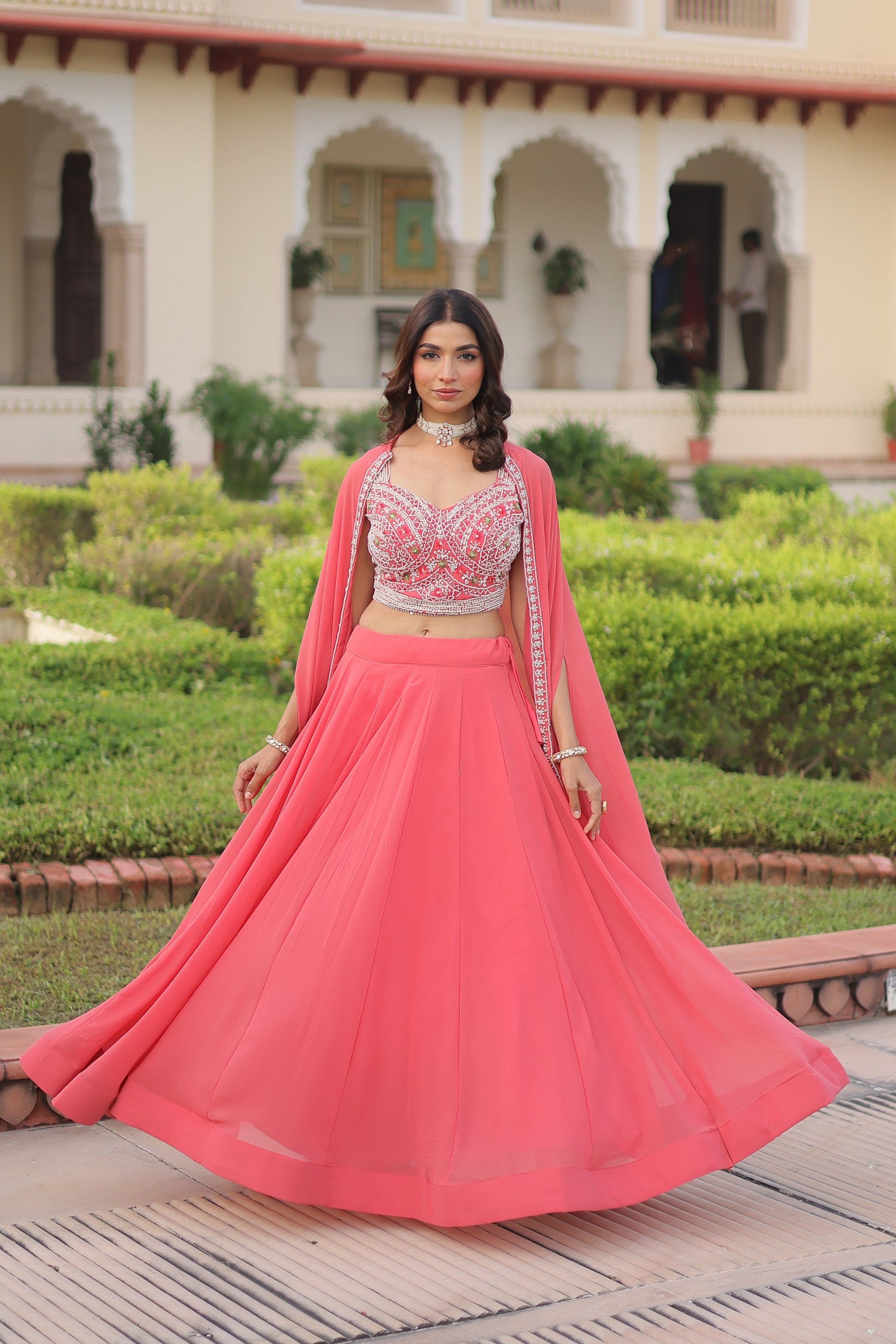 Lorenvalley Fashion Peach Faux Georgette Plain Lehenga Choli with Shrug