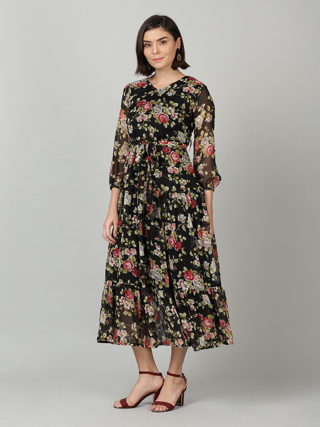 Souchii Black & Pink Floral Chiffon Midi Dress 